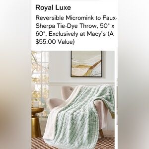 NWT Macy’s Mint Micromink Throw. Reverses to a very soft cream faux Sherpa. SPA